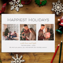 Modern Three Photo Happiest Holidays Family Card