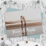 Tarjeta Festiva Modern typography script bluephoto Christmas<br><div class="desc">Merry & Bright modern photo christmas card. Modern black and white holiday design. Script text with a modern edge. Hand painted polka dot spotty backer. Change the backer color to customize.</div>