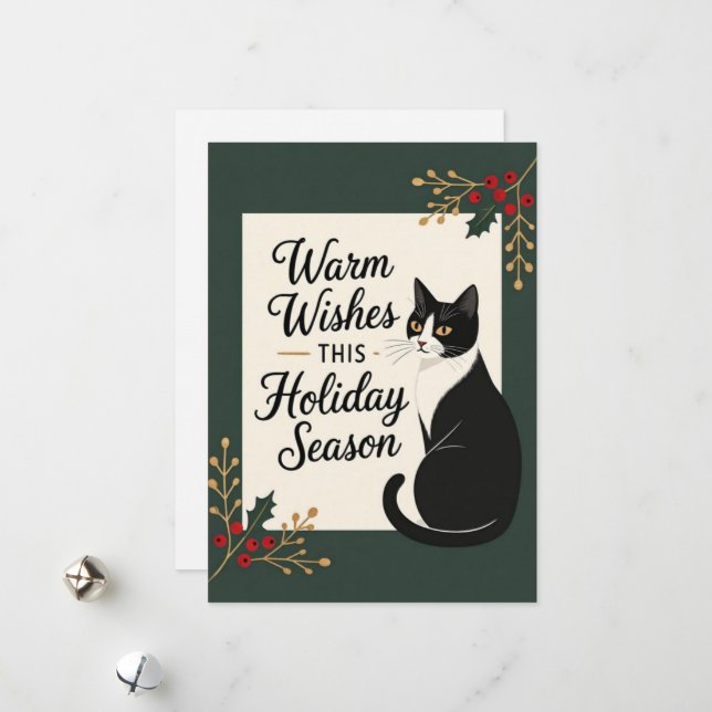 Tarjeta Festiva Modern Warm Wishes Cat Christmas Holiday Flat Card (Anverso/Reverso In Situ)