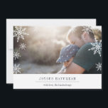 Tarjeta Festiva Modern Wish Hanukkah Photo Card | Editable Message<br><div class="desc">Modern, simple and minimal holiday photo card features your favorite horizontal or landscape oriented photo with a thick white bottom border. Your custom greeting appears in modern midnight blue lettering (shown with "Joyous Hanukkah"), with your family name or names beneath. A subtle snowflake pattern is overlaid over the edges of...</div>