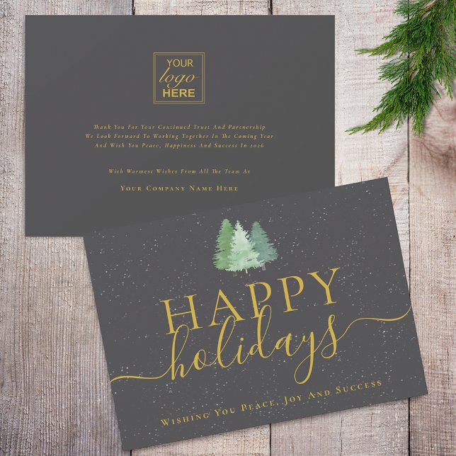 Tarjeta Festiva Modern Woodland Snow Your Logo Gray Gold Business (Modern christmas woodland snow happy holidays business logo gold and gray holiday card)