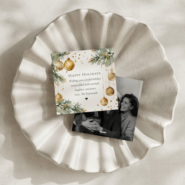 Tarjeta Festiva Modern Wreath Green and Gold Happy Holidays Photo (Subido por el creador)