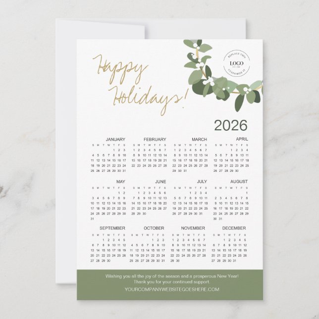 Tarjeta Festiva Modern Wreath Your Logo aquí Calendario 2026 (Anverso)