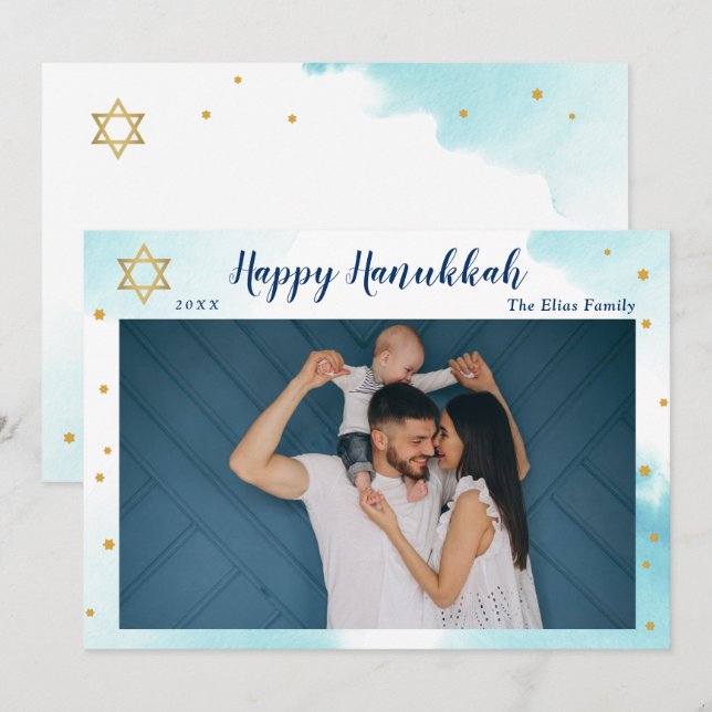 Tarjeta Festiva Moderna acuarela azul oro feliz Hanukkah Photo (Anverso / Reverso)