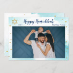 Tarjeta Festiva Moderna acuarela azul oro feliz Hanukkah Photo<br><div class="desc">Moderna acuarela azul oro Happy Hanukkah Photo Holiday Card</div>