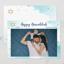 Tarjeta Festiva Moderna acuarela azul oro feliz Hanukkah Photo