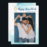 Tarjeta Festiva Moderna acuarela azul oro feliz Hanukkah Photo<br><div class="desc">Moderna acuarela azul oro Happy Hanukkah Photo Holiday Card</div>