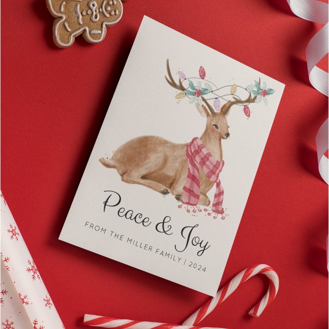 Tarjeta Festiva Moderna acuarela Deer Peace and Joy Navidades (Subido por el creador)