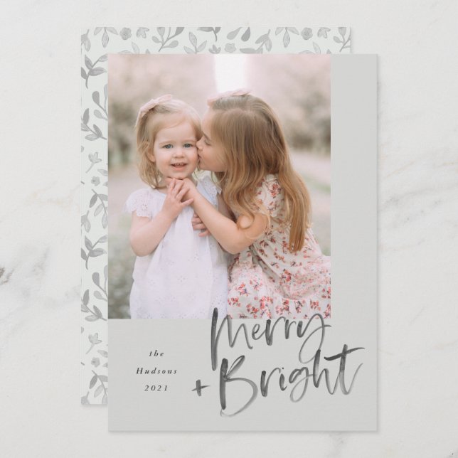 Tarjeta Festiva Moderna acuarela Script Sage Green Merry Bright (Anverso / Reverso)