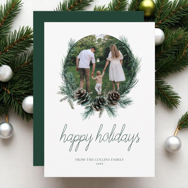 Tarjeta Festiva Moderna acuarela Wreath Photo Happy Holidays (Modern Watercolor Wreath Photo Happy Holidays Holiday Card)