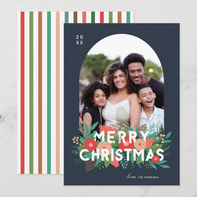 Tarjeta Festiva Moderna audaz floral Merry Christmas Arch Photo (Anverso / Reverso)
