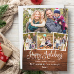 Tarjeta Festiva Moderna caligrafía de diversión Felices vacaciones<br><div class="desc">Moderna caligrafía de diversión guión 4 foto Happy Holidays Family Card - Rustic Country Wood</div>