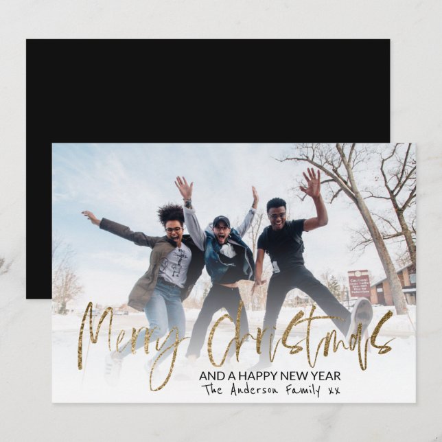 Tarjeta Festiva Moderna caligrafía de oro navideña 1 foto (Anverso / Reverso)