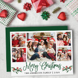 Tarjeta Festiva Moderna caligrafía divertida 5 Navidades de fotogr<br><div class="desc">Moderna caligrafía de diversión guión 5 Collage de fotos de la familia de fotos La tarjeta navideña de la mora incluye Navidades de acuarela Holly Berries - Guión verde</div>