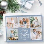 Tarjeta Festiva Moderna caligrafía divertida azul 5 Navidades de f<br><div class="desc">Moderna caligrafía de diversión guión Feliz Navidad 5 tarjeta de vacaciones de Collage de fotos - Dusty fondo azul</div>