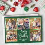 Tarjeta Festiva Moderna caligrafía divertida Green 5 Navidades de<br><div class="desc">Moderna caligrafía divertida guión Feliz Navidad 5 tarjeta de vacaciones de Collage de fotos - Fondo verde forestal</div>
