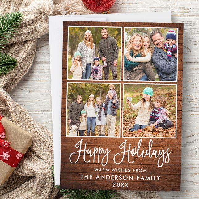 Tarjeta Festiva Moderna caligrafía divertida Madera 4 fotos (Customize to add text to back of card.)