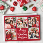 Tarjeta Festiva Moderna caligrafía divertida Red 5 Navidades de fo<br><div class="desc">Moderna caligrafía de diversión guión Feliz Navidad 5 tarjeta de vacaciones de Collage de fotos - fondo rojo</div>
