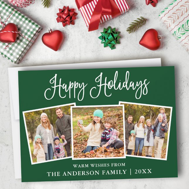 Tarjeta Festiva Moderna caligrafía divertida verde 3 foto (Customize to add text to back of card.)