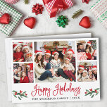Tarjeta Festiva Moderna caligrafía roja divertida 5 foto<br><div class="desc">Moderna caligrafía de diversión Script 5 Photo Family Collage de fotos Happy Holidays Card incluye Navidades de acuarela Holly Berries - Red</div>