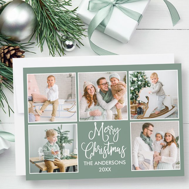 Tarjeta Festiva Moderna caligrafía Sage Green 5 Navidades de fotog (Customize to change background color of card or to add text to back of card.)