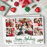 Tarjeta Festiva Moderna caligrafía verde divertida 5 Foto<br><div class="desc">Moderna caligrafía de diversión Script 5 Photo Family Collage de fotos Happy Holidays Card incluye Navidades de acuarela Holly Berries - Green</div>