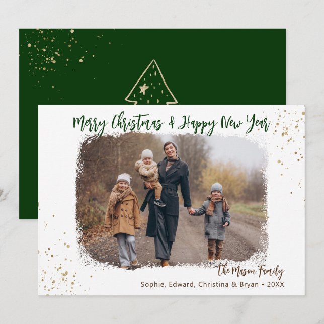 Tarjeta Festiva Moderna escritura a mano Navidades de oro verde fo (Anverso / Reverso)