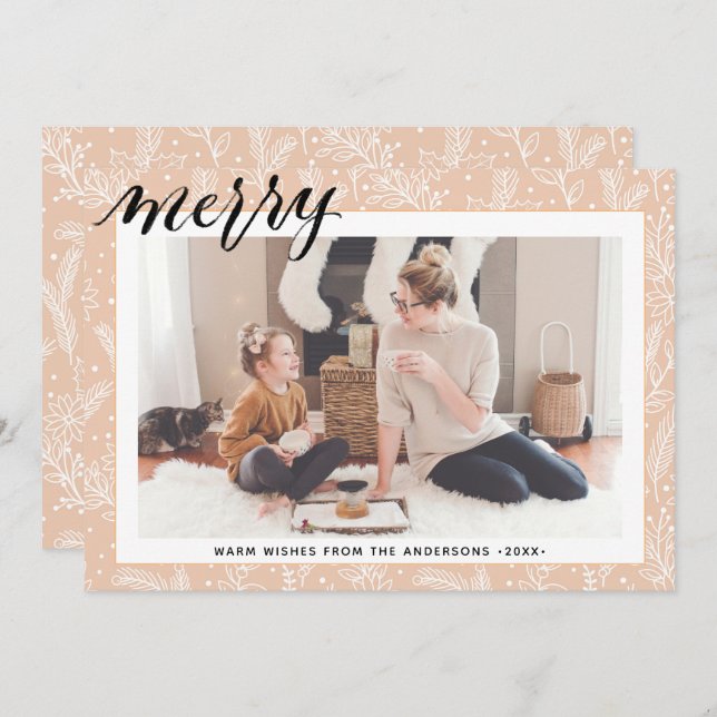 Tarjeta Festiva Moderna escritura beige de pino bough MERRY Minima (Anverso / Reverso)