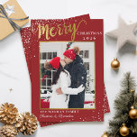 Tarjeta Festiva Moderna escritura de oro rojo Feliz foto de Navida<br><div class="desc">Tarjeta navideña de festividad con guión de oro rojo moderno</div>