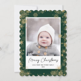 Tarjeta Festiva Moderna escritura elegante verde copos de nieve Bo