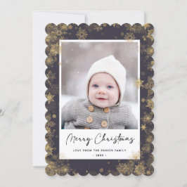 Tarjeta Festiva Moderna escritura elegante verde copos de nieve Bo