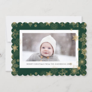 Tarjeta Festiva Moderna escritura elegante verde copos de nieve Bo