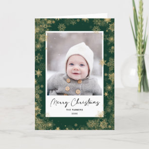 Tarjeta Festiva Moderna escritura elegante verde copos de nieve Bo