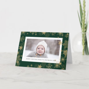 Tarjeta Festiva Moderna escritura elegante verde copos de nieve Bo