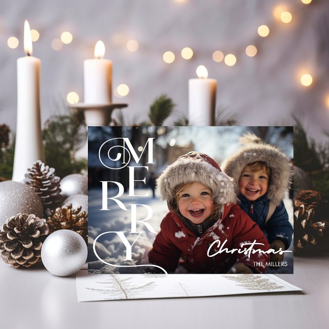 Tarjeta Festiva Moderna escritura navideña tipografía 1 foto (Modern Merry Christmas Script Typography 1 Photo Holiday Card)