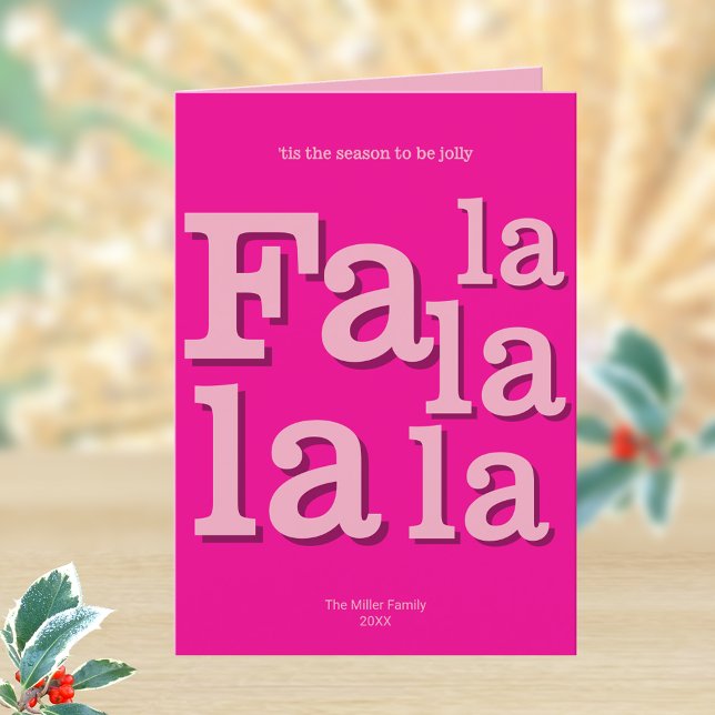 Tarjeta Festiva Moderna Fa La Hot Pink Simple Typography Trendy (Personalize these Fa la la la la hot pink folded Christmas greeting cards)