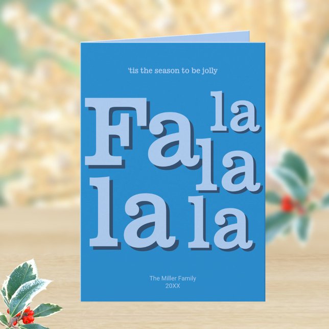 Tarjeta Festiva Moderna Fa La Sky Blue Simple Typography Trendy (Personalized folded Christmas greeting cards in bright sky blue)
