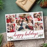 Tarjeta Festiva Moderna familia caligráfica 5 Collage de fotos<br><div class="desc">Moderna caligrafía Script 5 Photo Family Collage de fotos Happy Holidays Card incluye Navidades de acuarela Holly Berries - Guión rojo</div>