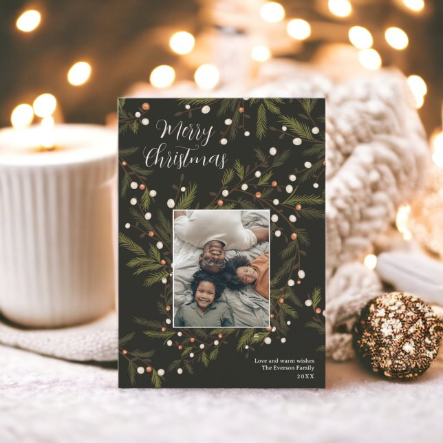 Tarjeta Festiva Moderna familia de Navidades verdes de flores 4 fo (Modern wreath green Christmas family 4 photos Holiday Card)