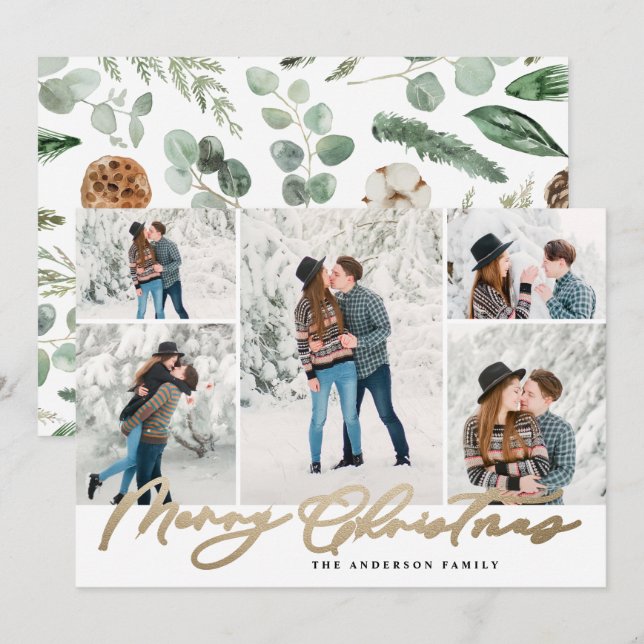 Tarjeta Festiva Moderna familia mínima de 5 navidades de fotografí (Anverso / Reverso)