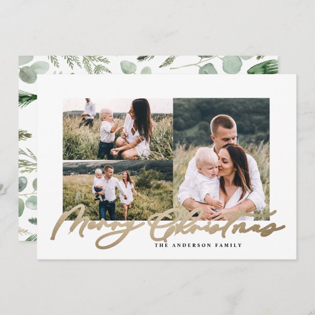 Tarjeta Festiva Moderna familia mínima de guion de tres navidades  (Anverso / Reverso)