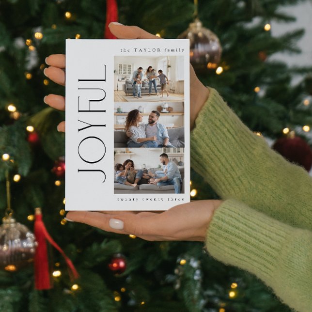 Tarjeta Festiva Moderna familia mínima y alegre 3 Navidades de fot (Spread Joy! Send a Personalized 'Joyful' Holiday Card 📸🎄 [Your Photos Here])