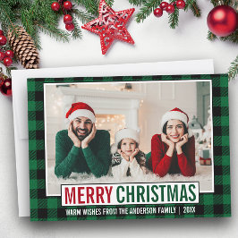 Tarjeta Festiva Moderna familia navideña foto Green Plaid