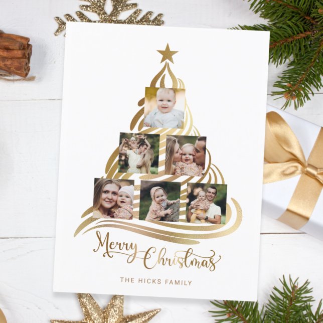 Tarjeta Festiva Moderna Faux Gold Christmas Tree Family Multiphoto (Subido por el creador)