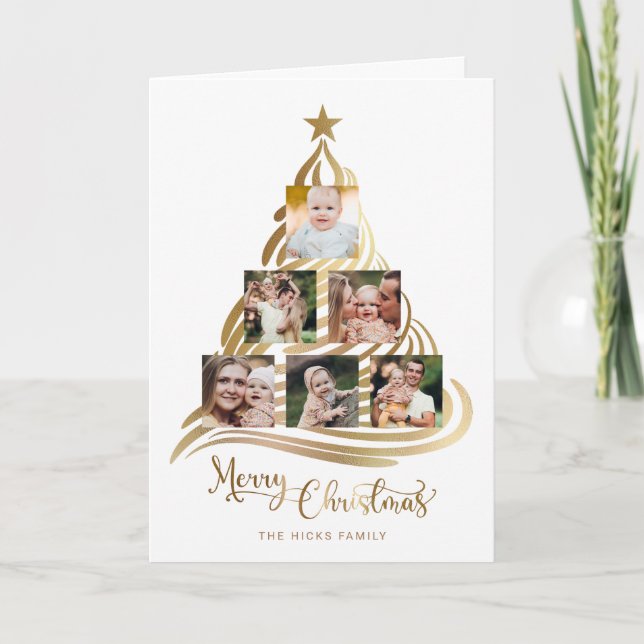 Tarjeta Festiva Moderna Faux Gold Christmas Tree Family Multiphoto (Anverso)