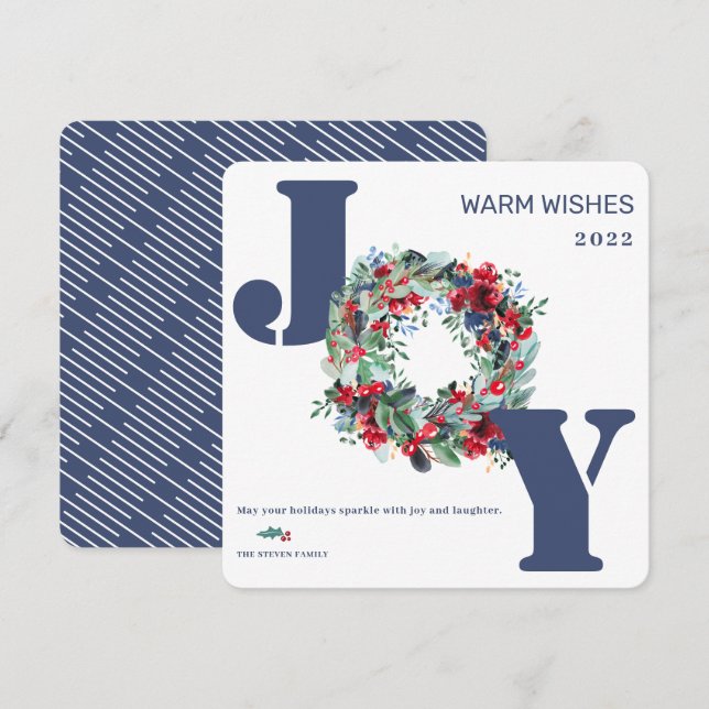 Tarjeta Festiva Moderna floral floral Merry Christmas Joy azul (Anverso / Reverso)