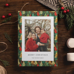 Tarjeta Festiva Moderna foto de la familia Green & Red Merry Chris