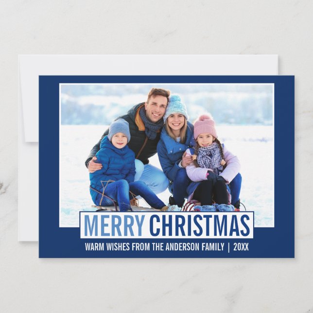 Tarjeta Festiva Moderna foto de la familia navideña Merry azul (Anverso)