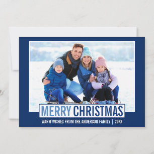 Tarjeta Festiva Moderna foto de la familia navideña Merry azul
