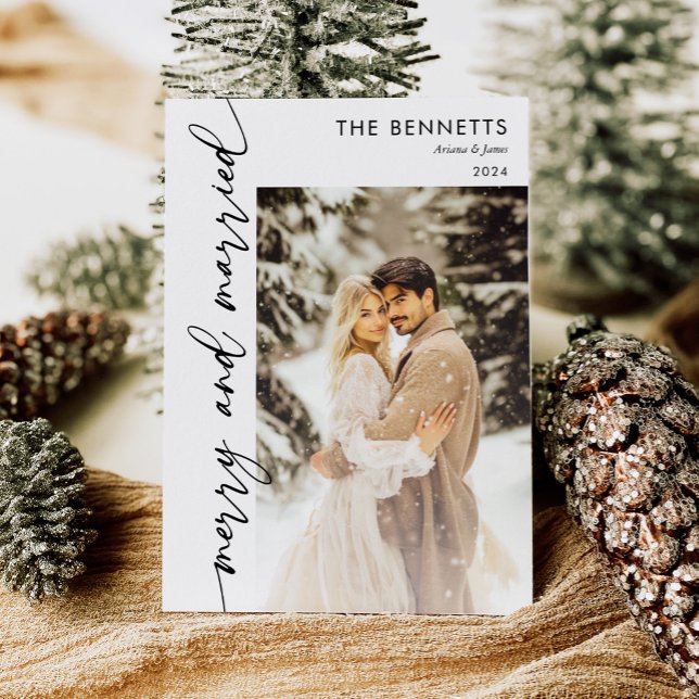 Tarjeta Festiva Moderna foto de recién casados y merry (Subido por el creador)